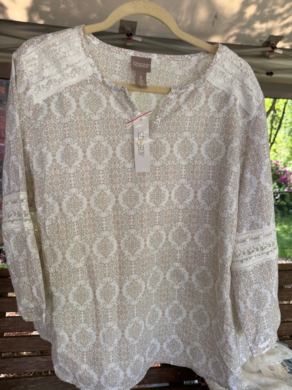 Chico's Cream and Tan Lace-Trim Printed Blouse